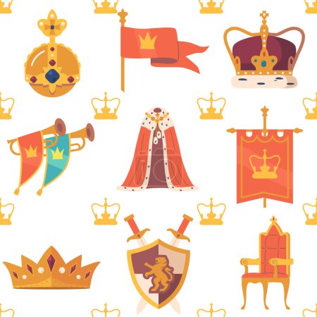 Illustration for Seamless Pattern with Coronation Attributes Features Regal Gold And White Color Scheme, With Intricate Motifs Of Crowns, Scepters, And Orbs, King Robe, Trumpet and Throne. Cartoon Vector Illustration - Royalty Free Image