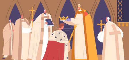 Ilustración de Carácter Rey de pie sobre las rodillas durante la ceremonia de coronación, con una corona colocada sobre su cabeza por un obispo, como una señal de sumisión a la autoridad de Dios. Dibujos animados Gente Vector Ilustración - Imagen libre de derechos