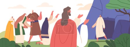 Histoire biblique de la résurrection du personnage de Lazare, Jésus ressuscite Lazare d'entre les morts, démontrant sa puissance divine et sa capacité à accomplir des miracles. Illustration vectorielle des personnages de bande dessinée