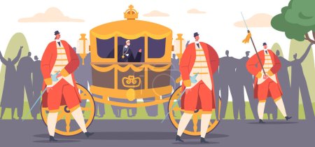 Illustration for Monarch Glides Through The Street in A Magnificent Carriage, Surrounded By Guards Wear Traditional Red Clothes And Swords. Ruler Male Character Observes Traditions. Cartoon People Vector Illustration - Royalty Free Image