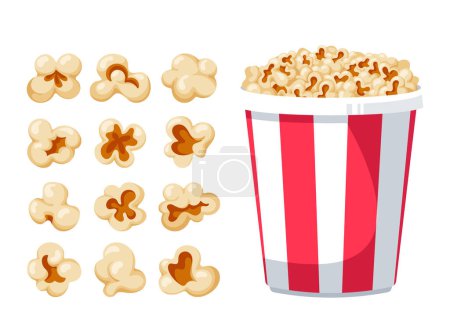 Sammlung von Popcorn-Samen in verschiedenen Formen, flauschige und schmackhafte Leckereien Set von Elementen und Papier gestreiften Eimer mit Pop-Mais-Körner Haufen isoliert auf weißem Hintergrund. Zeichentrickvektorillustration
