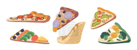 Ilustración de Deliciosas Rebanadas de Pizza Con Varios Toppings, Frutas y Vegetales Set Aislado Ideal para Publicidad Servicios de Entrega de Pizza, Pizzerías, o Restaurantes de Comida Rápida. Ilustración de vectores de dibujos animados - Imagen libre de derechos