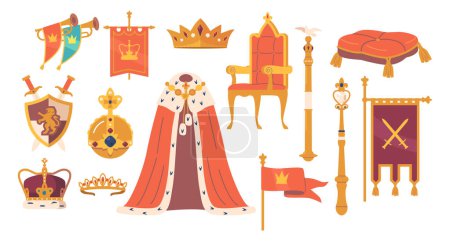 Ilustración de King or Queen Coronation Set representa atributos opulentos como Bejeweled Tiara, Crown, Golden Wand y Majestic Robe. Trono, Banderas y Trompetas, Escudo y Orbe. Ilustración de vectores de dibujos animados - Imagen libre de derechos