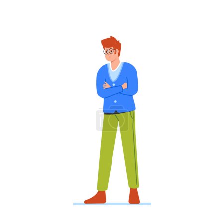 Illustration for Male Character Stands With His Arms Crossed, Wearing A Sad Expression On His Face. Man Lost In Deep Thought And Unable To Find Solace Isolated On White Background. Cartoon People Vector Illustration - Royalty Free Image