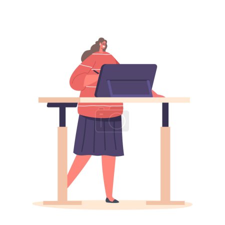 Illustration for Young Female Character Graphic Designer. Woman with Creative Expression and Focused Look On Face Standing At Desk Using Tablet for Making Sketches at Workplace. Cartoon People Vector Illustration - Royalty Free Image