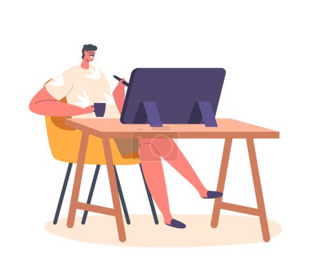 Illustration for Graphic Designer Male Character Drawing With Stylus on Tablet at Workplace. Isolated Cheerful Man Illustrator Bring Creativity Idea To Life, Work On Digital Designs. Cartoon People Vector Illustration - Royalty Free Image