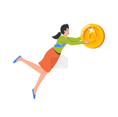 Ilustración de Mujer salto por dinero fácil, personaje femenino sosteniendo enorme moneda de oro, luchar por las finanzas. Empresaria está corriendo tras una moneda gigante, decidida a asegurar su futuro financiero y lograr el éxito - Imagen libre de derechos