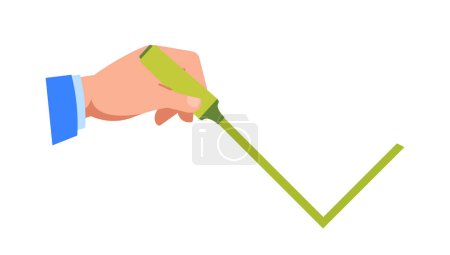 Illustration for Hand Writing A Green Tick Isolated on White Background. Image Symbolizes Vote, Highlight, Completion Of A Task, Bringing A Sense Of Accomplishment And Satisfaction. Cartoon Vector Illustration - Royalty Free Image