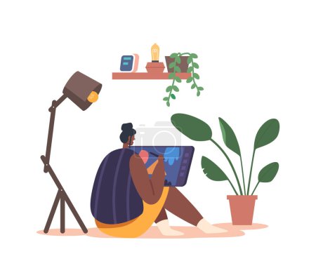 Ilustración de Joven diseñadora gráfica de carácter femenino sentada en el piso usando tableta digital haciendo bocetos en el lugar de trabajo. Woman in Creative Mood Focused On her Task or Project (en inglés). Dibujos animados Gente Vector Ilustración - Imagen libre de derechos