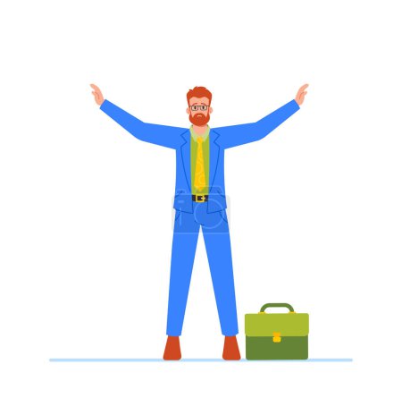 Illustration for Businessman Standing with Hands Up and Upset Face Reflecting The Pressure And Stress Of The Corporate World. Male Character Overwhelmed With Stress And Frustration. Cartoon People Vector Illustration - Royalty Free Image