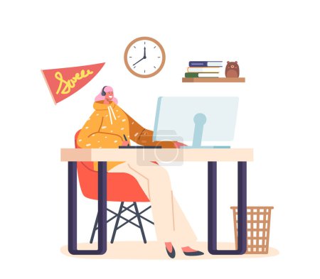 Ilustración de Diseñador gráfico de mujer creativa sentado en el escritorio haciendo boceto en la tableta en el lugar de trabajo. Personaje femenino joven Crear diseño en el hogar o Studio Workplace. Dibujos animados Gente Vector Ilustración - Imagen libre de derechos