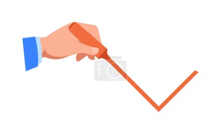 Illustration for Hand Writing A Red Tick Isolated on White Background. Image Signifies Approval, Success Or Completion Of A Task, With A Feeling Of Satisfaction And Accomplishment. Cartoon Vector Illustration - Royalty Free Image