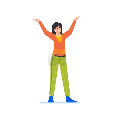 Illustration for Happiness, Freedom, Motion and Motivational Concept. Young Happy Woman, Joyful Female Character Rejoice with Raised Hands Celebrate Victory, Win or Success. Cartoon People Vector Illustration - Royalty Free Image