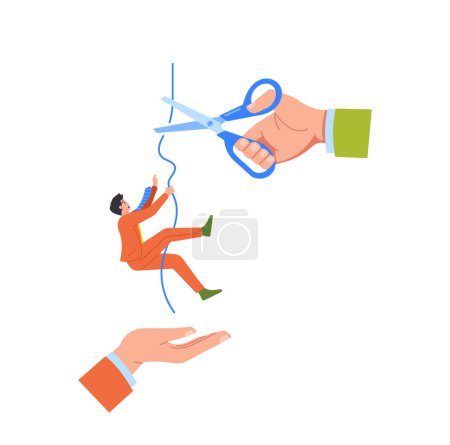 Illustration for Hand Holding Scissors Symbolically Cuts The String Binding A Businessman, Causing Him To Fall Into The Waiting Hand Of Competitor In Cutthroat Business Poaching Concept. Cartoon Vector Illustration - Royalty Free Image