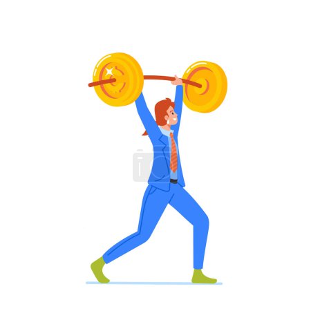 Illustration for Female Business Character Physical Strength Matches her Financial Strength, As she Lifts Barbell With Ease. Leadership and Achievement Isolated on White Background. Cartoon People Vector Illustration - Royalty Free Image