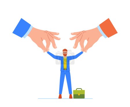 Illustration for Two Huge Hands Are Pulling An Employee In Opposite Directions, Symbolizing A Difficult Decision Or Conflicting Priorities. Luring Employees From A Competitor Is An Unethical Business Concept - Royalty Free Image