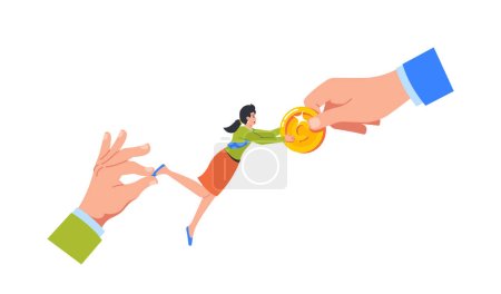 Illustration for Male Hand With A Bundle Of Cash Lures A Talented Employee From The Competitors Company, While The Old Boss Tries To Retain Them, In The Controversial Business Practice Of Poaching Vector Illustration - Royalty Free Image