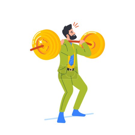 Illustration for Tired Business Male Character Holding Heavy Barbell with Golden Coins as a Testament To Businessperson Commitment To Financial Growth And Success Isolated on White. Cartoon People Vector Illustration - Royalty Free Image