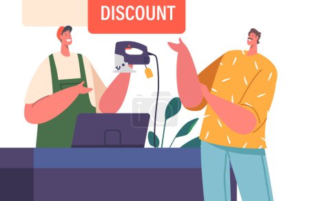 Illustration for Male Character in Tool Shop Searching For The Perfect Grinder Tool. He is Speaking with Salesman and Describes What He Needs and then Happily Purchases It. Cartoon People Vector Illustration - Royalty Free Image
