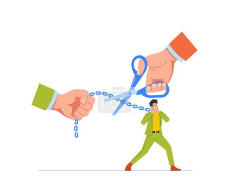 Illustration for Huge Hand With Scissors Cuts The Chain Attached To A Businessman Held By Another Hand, Symbolizing Freedom From Corporate Bondage. Business Concept as Companies Strive To Attract And Retain Top Talent - Royalty Free Image