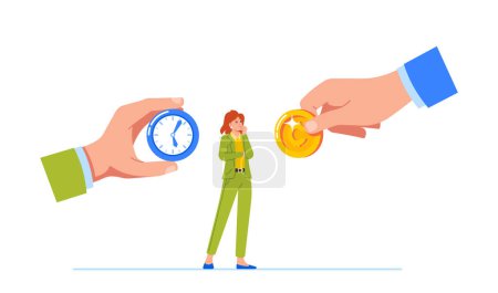 Téléchargez les illustrations : Femme d'affaires pesant ses options comme elle choisit entre les mains offrant une horloge, signifiant le temps, ou de l'argent, symbolisant la richesse et le succès. Concept d'affaires d'attirer les employés loin d'un concurrent - en licence libre de droit