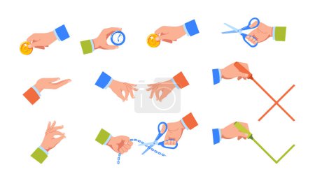 Illustration for Set of Icons Hand Holding Golden Coin and Various Office Supplies as Scissors or Clock, Writing Tick Marks, Showing Gestures of Satisfaction, Isolated Elements. Cartoon Vector Illustration - Royalty Free Image