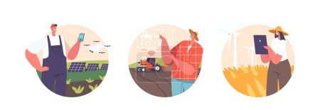 Illustration for Farmers Male and Female Characters Work on Smart Technological Farm Isolated Round Icons or Avatars. People Use Advanced Technology To Optimize Crop And Improve Efficiency. Cartoon Vector Illustration - Royalty Free Image