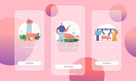 Illustration for Livestock Pigs Mobile App Page Onboard Screen Template. Farmer Characters Tending To Pigs On Farm, Feeding, Washing And Ensuring Their Well-being, Farming Concept. Cartoon People Vector Illustration - Royalty Free Image