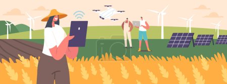 Illustrazione per Agronomo Personaggi femminili e maschili utilizzano tecnologie all'avanguardia come droni e sensori per monitorare e gestire la crescita delle colture nella fattoria tecnologica intelligente. Illustrazione del vettore della gente del fumetto - Immagini Royalty Free