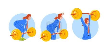 Illustration for Isolated Round Icons or Avatars with Female Business Character Lift The Barbell With Pride, Signifying Accomplishments And Achievements Isolated on White Background. Cartoon People Vector Illustration - Royalty Free Image