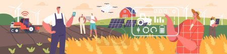 Ilustración de Los caracteres masculinos y femeninos de los agricultores trabajan en una granja tecnológica inteligente con tecnología avanzada de Iot para optimizar los rendimientos de los cultivos y mejorar la eficiencia. Dibujos animados Gente Vector Ilustración - Imagen libre de derechos