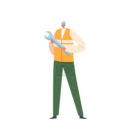 Illustration for Skilled And Experienced Factory Engineer Male Character Using Wrench, Overseeing Production Lines, Ensuring Efficiency And Maintenance, And Fixing Machinery. Cartoon People Vector Illustration - Royalty Free Image