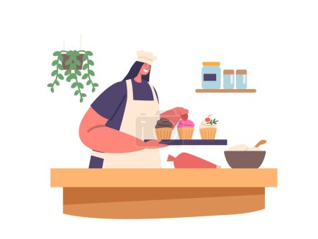 Illustration for Pastry Chef Female Character Producing Delicious Desserts, And Baked Goods With Intricate Designs Using Various Ingredients And Techniques. Woman Cooking Cupcakes. Cartoon People Vector Illustration - Royalty Free Image