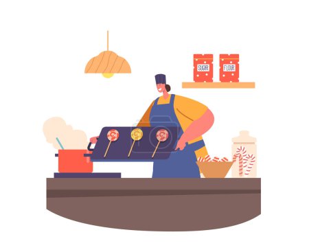 Illustration for Pastry Chef Female Character Cooking Caramel Lollipops on Kitchen. Woman Makes Delightful Desserts With Intricate Designs, Using Diverse Ingredients And Methods. Cartoon People Vector Illustration - Royalty Free Image
