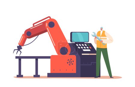 Illustration for Worker Designs Engineering Control System For Production Line, Includes Sensors, Software, And Hardware Integration, To Optimize Efficiency And Minimize Errors. Cartoon People Vector Illustration - Royalty Free Image