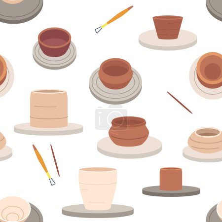 Illustration for Clay Potters Seamless Pattern Features Ceramic Pots, Pottery Tools, And Clay Material, Perfect For Decorating Pottery Studios, Crafts Rooms, And Other Creative Spaces. Cartoon Vector Illustration - Royalty Free Image