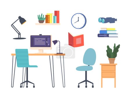 Illustration for Set of Home Workplace Items and Furniture. Desk With Computer And Chair, Table Lamp, Clock And Plant. Bookshelf, Textbooks, Binoculars Isolated Icons on White Background. Cartoon Vector Illustration - Royalty Free Image