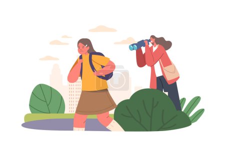 Illustration for Mother Character Spying for Daughter through Binoculars while she Walking to School. Parental Supervision Is Restricting Childs Freedom, And Sheltering From Every Risk, Cartoon Vector Illustration - Royalty Free Image