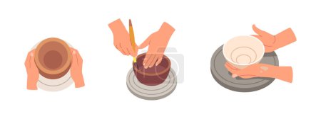 Illustration for Hands Of Potter Move In A Rhythmic Motion, Creating Stunning, Precision Pieces Of Pottery, Shaping The Clay Into Practical And Decorative Item Isolated On White Background. Cartoon Vector Illustration - Royalty Free Image