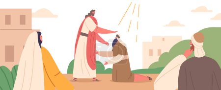 Jésus guérit le caractère masculin debout sur les genoux, accomplissant des miracles de guérison physique et spirituelle, donnant la vue aux aveugles et entendant aux sourds. Illustration vectorielle des personnages de bande dessinée