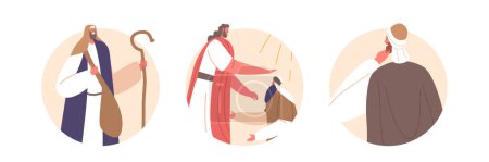 Ilustración de Iconos redondos aislados con la escena bíblica de Jesús sana a personajes enfermos con diversas aflicciones, incluidos los ciegos, los sordos y los cojos, demostrando un milagro. Dibujos animados Gente Vector Ilustración - Imagen libre de derechos