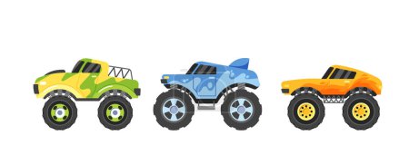 Ilustración de Monster Trucks con neumáticos masivos y diseños intrincados, prepárate para una confrontación épica, emocionantes espectadores con acrobacias y carreras de alta velocidad aisladas sobre fondo blanco. Ilustración de vectores de dibujos animados - Imagen libre de derechos