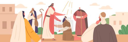 Ilustración de Escena Bíblica Jesús sana a los personajes enfermos con diversas aflicciones, incluyendo a los ciegos, los sordos y los cojos, demostrando su divino poder y compasión. Dibujos animados Gente Vector Ilustración - Imagen libre de derechos