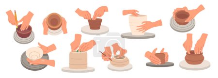Illustration for Set of Skilled Hands Work The Clay On The Potters Wheel, Shaping It Into Beautiful Pieces Of Art That Are Both Beautiful And Functional Isolated On White Background. Cartoon Vector Illustration - Royalty Free Image