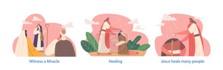 Illustration for Jesus Christ Heals Male Characters With Afflictions, Diseases, And Disabilities. People Seeking His Healing Power, And He Compassionately Restores Them To Wholeness. Cartoon Vector Illustration - Royalty Free Image