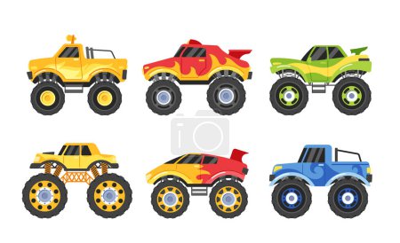 Conjunto de Monster Trucks, cada uno adornado con diseños y colores únicos, listo para emocionar a la audiencia con sus impresionantes acrobacias y actuaciones aisladas sobre fondo blanco. Ilustración de vectores de dibujos animados