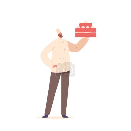 Illustration for Pastry Chef Male Character Proudly Presenting Beautiful Cake Isolated on White Background. Baker Job is to Crafting Delectable Baked Goods, Desserts, And Pastries. Cartoon People Vector Illustration - Royalty Free Image