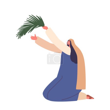 Téléchargez les illustrations : La femme israélite antique tient une feuille de palmier, symbole de victoire et de triomphe, utilisée lors de cérémonies et de célébrations religieuses isolées sur fond blanc. Illustration vectorielle des personnages de bande dessinée - en licence libre de droit