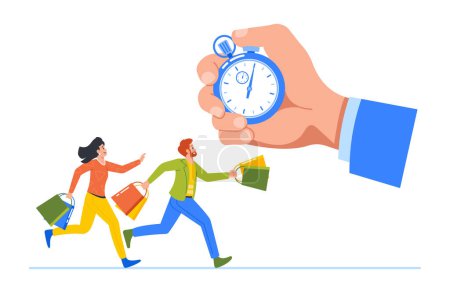Illustration for Shoppers Rush Through The Supermarket, Character Eagerly Grabbing Discounted Products During The Limited Time Sale, Hand with Stopwatch giving Sense Of Urgency. Cartoon People Vector Illustration - Royalty Free Image
