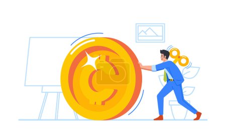 Illustration for Clockwork Toy Business Employee Character Rolling Huge Golden Coin, Representing The Desire For Wealth And Success. Monotony Of Working Towards Financial Goals. Cartoon People Vector Illustration - Royalty Free Image
